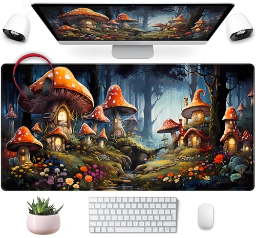 Cute Anime Mushroom Desk Pad Floral Desk Mat, XXL Large Extended Mousepad Gaming Mouse Pad Computer Mat with Stitched Edges, Fantasy Office Decor Laptop Keyboard and Mouse Mat, 31.5x15.75 in - color: Multicolored Mushrooms