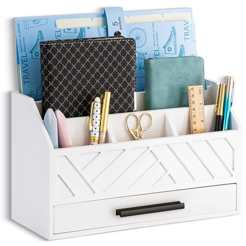 dreampossible Wood Desk Organizer and Accessories with Drawer, Bill Mail Organizer and File Mail Holder for Office Supplies, Modern Desk Accessories & Workspace Organizers for Desk Organization - color: White&Black
