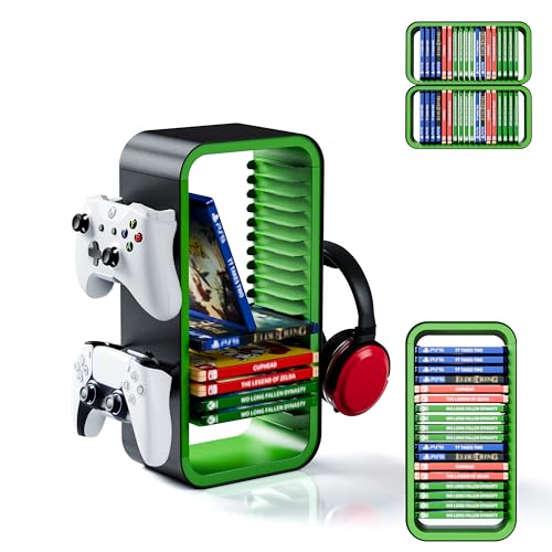 Universal Games Storage Tower Pro - for Up to 18 Games - with Controller Holder for up to 4 Gamepads - Gaming Accessories for PS5, PS4, PS3, Xbox X/S/One, Switch 1 + 2, Switch OLED, BluRay, - color: Green/Black