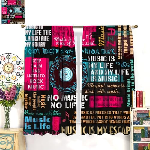 Music Notes Curtain, Jazz Rock Music Hip Hop Graffiti Window Curtains Drapes for Kids Boys Girls Teens Bedroom Living Room Bathroom 42" W X 45" L(No Blackout) - color: Musical-8, size: 20.5"W x 45"L (Pack of 2)