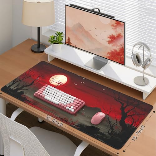 iCasso Desk Protector Mat, Large Japanese Mouse Pad, Stable Rubber Base Mousepad with Stitched Edges, Keyboard Mouse Mat Desk Pad for Work, Game, Office, Home(Full Moon) - color: Full Moon