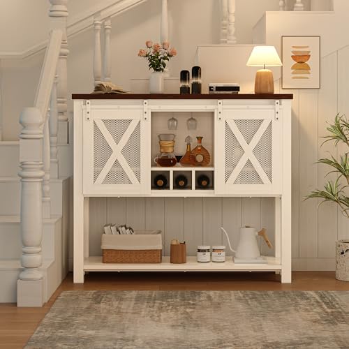 Farmhouse Sideboard Buffet Cabinet With Sliding Barn Doors – Coffee Bar Console Table Featuring Open Storage Shelf & Wine Racks, Entryway Table for Kitchen, Dining Room, Hallway, 46.5” （White & Brown）