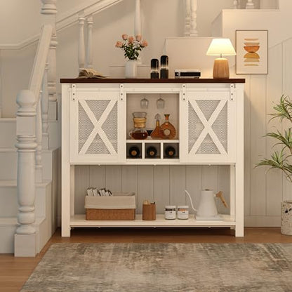 Farmhouse Sideboard Buffet Cabinet With Sliding Barn Doors – Coffee Bar Console Table Featuring Open Storage Shelf & Wine Racks, Entryway Table for Kitchen, Dining Room, Hallway, 46.5” （White & Brown）