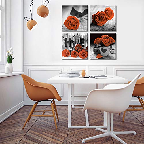 Burnt Orange Wall Art Floral Wall Art for Living Room Vintage Rose Flower Pictures Couples Bedroom Bathroom Rustic Modern Black and White Canvas Prints Kitchen Office Home Decoration 12×12" 4 Pcs/Set - color: Orange Rose Flower, size: 12x12in