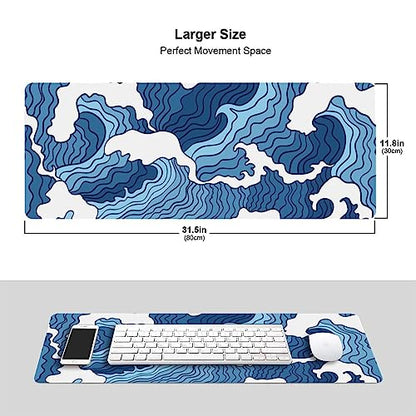 Japanese Blue and White Wave Gaming Mouse Pad XL, Non Slip Rubber Base Mousepad, Stitched Edges Desk Pad, Extended Large Mice Pad,31.5 X 11.8 Inch