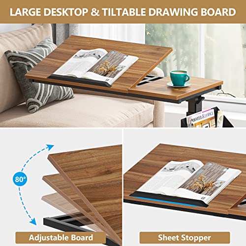 Tribesigns Height Adjustable C Shaped End Table with Wheels and Side Pocket, Mobile Sofa Snack Table with Tiltable Drawing Board, Laptop Side Tray Table for Couch Bed (Walnut Brown) - color: Walnut Brown