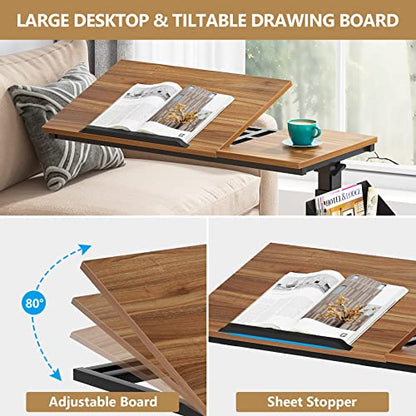 Tribesigns Height Adjustable C Shaped End Table with Wheels and Side Pocket, Mobile Sofa Snack Table with Tiltable Drawing Board, Laptop Side Tray Table for Couch Bed (Walnut Brown) - color: Walnut Brown