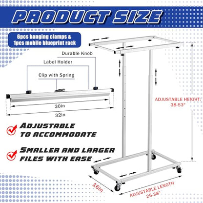 Kolldenn Mobile Blueprint Storage Rack Adjustable Holder with 6 Pcs Blueprint Clamps 4 Wheels Storage Organizer Stand for File Display Plan Office Home(30 Inch) - size: 30 Inch
