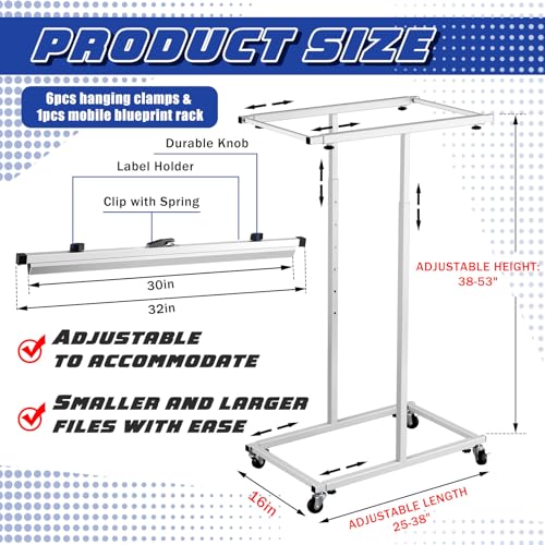 Kolldenn Mobile Blueprint Storage Rack Adjustable Holder with 6 Pcs Blueprint Clamps 4 Wheels Storage Organizer Stand for File Display Plan Office Home(30 Inch) - size: 30 Inch