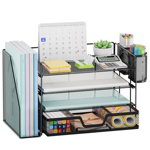 Marbrasse Desk Organizer and Accessories，4-Tier Paper Letter Tray Organizer with File Holder, Desk Accessories & Workspace Organizers with Drawer and 2 Pen Holder (Black, 15.4" x 9.1" x 8.3") - color: Black