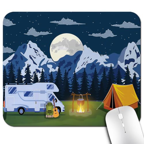 RV Mouse Pad, Outdoors Activity Camping Area Scene Desk Mat | in The Woods with a Cozy Tent and Campfire, Anti-Slip Rubber Base, Silky Smooth Surface, Cute Office/Gaming Mousepad - color: RV