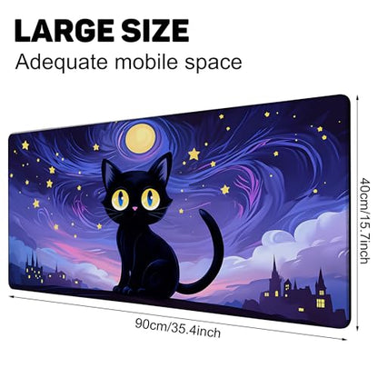 Black Cat Under Purple Starry Night Gaming Mouse Pad Large Desk Mat Extended Keyboard Anime Mousepad with Non-Slip Base and Stitched Edge for Desk Home Office Gaming,35.4 x 15.7 Inch - color: Black Cat under Purple Starry Night, size: 15.7*35.4inch