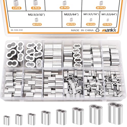mankk 330Pcs Aluminum Crimping Loop Sleeve 8 Sizes (3/64'' 1/16'' 5/64'' 3/32'' 1/8'' 5/32'' 3/16'' 1/4'') Wire Rope Sleeves Double Cable Ferrules Kit M-109-330PCS - size: 330PCS