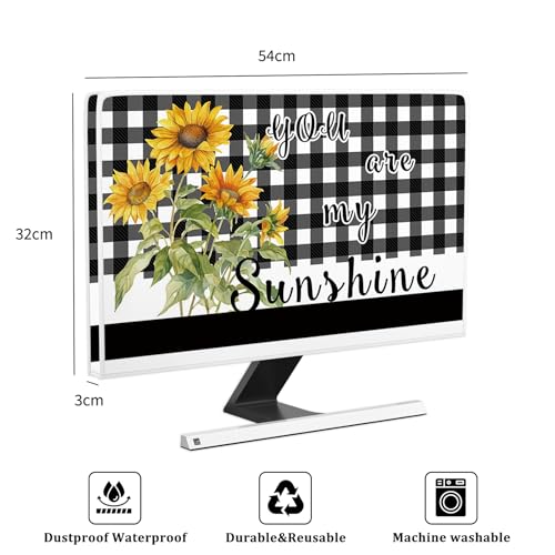 You are My Sunshine Monitor Dust Covers 22, 23, 24, 25 Inch Black and White Buffalo Plaid Sunflowers Water Proof Computer Covers for Desktop PC Protector Rustic Design Computer Decorations