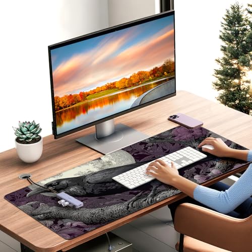 XXL Gaming Mouse Pad, Gothic Raven Moon Design with Purple Floral, 35.4 x 15.7 Inches, Non-Slip Rubber Base, Waterproof Surface，A Keyboard and Mouse Accessory Suitable for Home Gaming and Work. - color: Gothic-style Crows and Moon