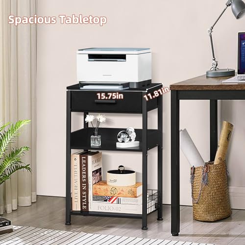 Lerliuo Pure Black Printer Table with Fabric Drawer,3 Tier Industrial Wood Printer Stand with Storage Shelf,Modern Tall End Table,Nightstand,Bed Side Tables for Scanner Fax Home Office Small Spaces - color: Pure Black