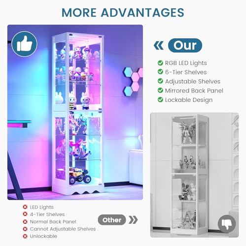 Dystler Display Cabinet with Glass Doors, 6 Tier RGB Lights Curio Cabinet | Adjustable Shelves, Human Sensor Lighting, Modern LED Display Case for Collectibles, White - color: White