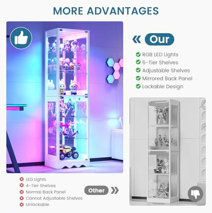 Dystler Display Cabinet with Glass Doors, 6 Tier RGB Lights Curio Cabinet | Adjustable Shelves, Human Sensor Lighting, Modern LED Display Case for Collectibles, White - color: White