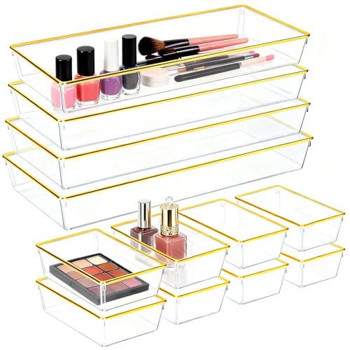 12 Pack Large Size Clear Stackable Drawer Organizer Trays, Gold Rim Makeup Drawer Storage Tray Divider, Desk Storage for Makeup, Jewelry, Bathroom, Stationary, Kitchen Utensils and Office Desk - color: Gold, size: 12 PACK