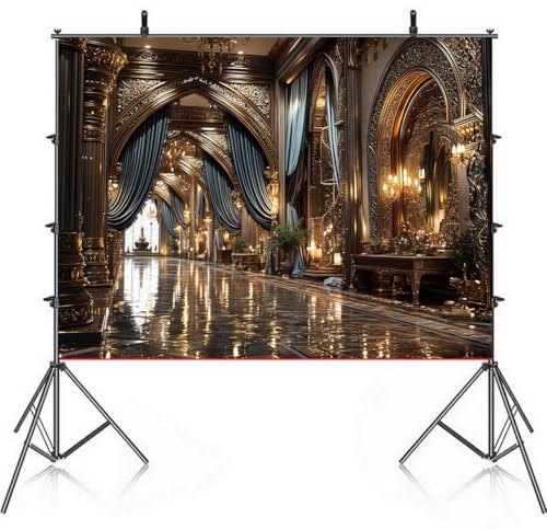Luxury Royal Palace Hallway Polyester Backdrop for Photography, Golden Arches & Velvet Drapes, Baroque Castle Interior Scene with Marble Floor and Chandeliers 7x5ft