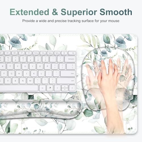 Large Mouse Pad with Wrist Support 4in1 Set, XXL Big Game Mousepad +Keyboard Wrist Rest+Mouse Wrist Rest+Coaster with Ergonomic Design Gaming Mat for Home Office Computer I Eucalyptus Branches - color: Eucalyptus Branches