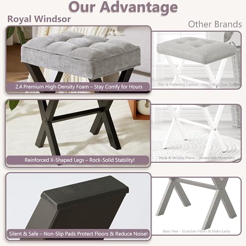 Royal Windsor Vanity Stool,Square Ottoman Stool Foot Rest,Upholstered Vanity Chair Foot Stool with Metal X Legs, Small Vanity Seat for Entryway,Bedroom and Living Room,Linen Light Grey - color: 12.6"d Light Grey+black