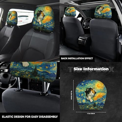 Funny Cat Print Headrest Covers for Cars Starry Night Auto Head Rest Cover 2pc - color: Van Gogh Cat