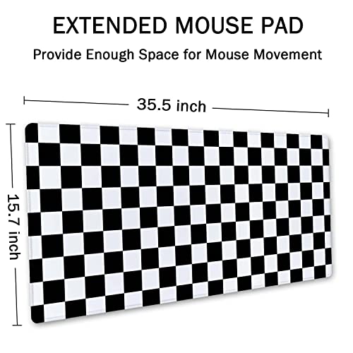 SSOIU Checkered Desk Mat Extended Gaming Mouse Pad (35.5x15.7 in), Large Stable Rubber Base Mousepad with Stitched Edges, Keyboard Mouse Mat Desk Pad for Work, Game, Office - Black White Checkerboard - color: Black and White Checkerboard