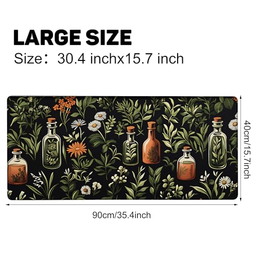 Wildflower Leaves and Bottles Gaming Mouse Pad 35.4 x 15.7 Inches with Non-Slip Rubber Base, Smooth Cloth Surface Desk Keyboard Mat for Computer, PC, Laptop, Desktop - color: Wildflower Leaves and Bottles