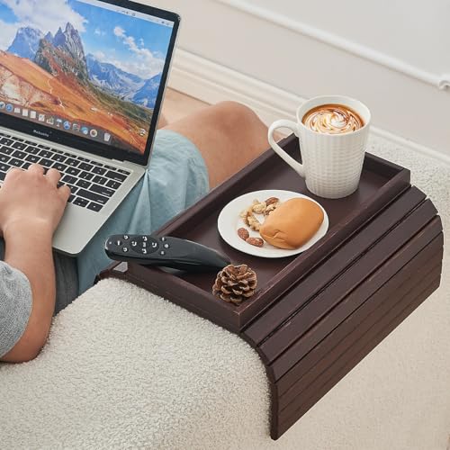 LOVYANXUE Bamboo Sofa Arm Tray, Anti Falling Couch Arm Tray Table, Foldable Couch Armrest Table, Portable Sofa Armrest Trays Cup Holder for Drink, Cups, Phone, Snacks, Remote - color: Mahogany, size: Large (without Phone Holder)