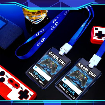 Leinuosen 16 Pieces Blue Video Game VIP Pass Holder Tickets Set Video Game Ticket Holder Gamer Party VIP Pass Lanyards for Birthday Party Supplies Favors