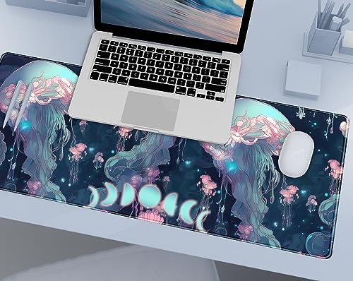 DCJJM Anime Desk Mat Jellyfish Neon Blue XL Mouse Pad Gaming Ocean Moon Computer Keyboard Pad 80 x 30cm Women Desk Protector with Stitched Edges - color: Neon Blue Jellyfish, size: 31.5" x 11.8"