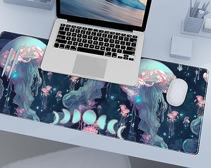 DCJJM Anime Desk Mat Jellyfish Neon Blue XL Mouse Pad Gaming Ocean Moon Computer Keyboard Pad 80 x 30cm Women Desk Protector with Stitched Edges - color: Neon Blue Jellyfish, size: 31.5" x 11.8"