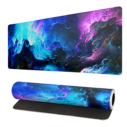 Dazzling Galaxy Gaming Mouse Pad 31.5x11.8 Inch Blue Purple Galaxy Nebula Universe Space Large Mousepad Non-Slip Rubber Base Stitched Edges Keyboard Mouse Mat Desk Pad for Office Home and Game - color: Galaxy