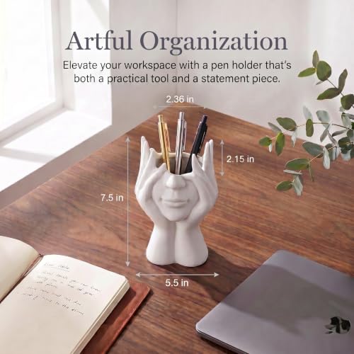 Face-Holding Creative Pen Holder Art Decor Ornament, suitable for desk/vanity tabletop brush storage, home/office/bookshelf room decoration, with artificial flower base and gift-giving.