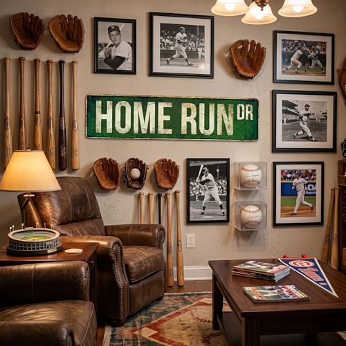 Home Run Dr Baseball Metal Street Sign, Vintage Aluminum Sports Wall Decor 15 x 4 Inch, Rustic Green Retro Road Sign for Man Cave Boys Room Game Room Garage Gift - color: Home Run Dr