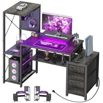 Small Gaming Desk with 2 Fabric Drawers - Reversible Computer Desk with Power Outlet & LED Lights, 49" Office Desk with Monitor Stand & Storage Shelves, Writing Study Table with Pegboard, Grey Oak - color: Grey Oak