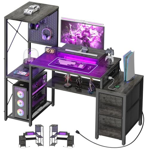 Small Gaming Desk with 2 Fabric Drawers - Reversible Computer Desk with Power Outlet & LED Lights, 49" Office Desk with Monitor Stand & Storage Shelves, Writing Study Table with Pegboard, Grey Oak - color: Grey Oak