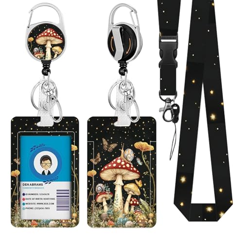 Mushroom Lanyards for ID Badge, Lanyard ID Card Holder with Retractable Reel Clip and Keychain, Vertical Identity Badge Cover Case Protector for Teacher Nurse Women Men Black - color: Mushroom-black