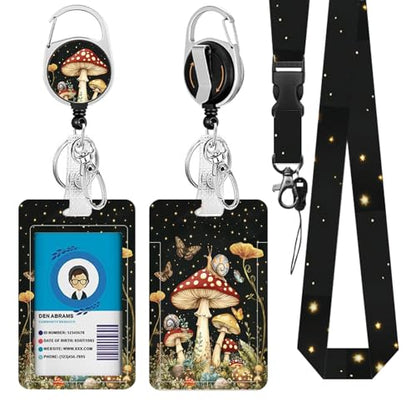 Mushroom Lanyards for ID Badge, Lanyard ID Card Holder with Retractable Reel Clip and Keychain, Vertical Identity Badge Cover Case Protector for Teacher Nurse Women Men Black - color: Mushroom-black