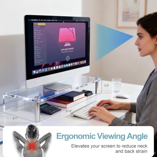 0.39" Extra Thick Acrylic Monitor Stand Riser, Clear | 23.6” x 9.1" x 3.5" Acrylic Desk Shelf with RGB Lighting & Dual Control-App & Button Control,for Office Desktop Organizer