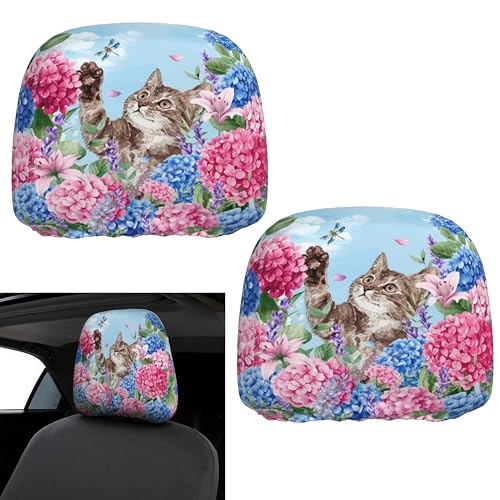 Funny Headrest Covers for Car Universal Lovely Cat Pattern Head Rest Cover for Women - color: Hydrangea Cat Blue