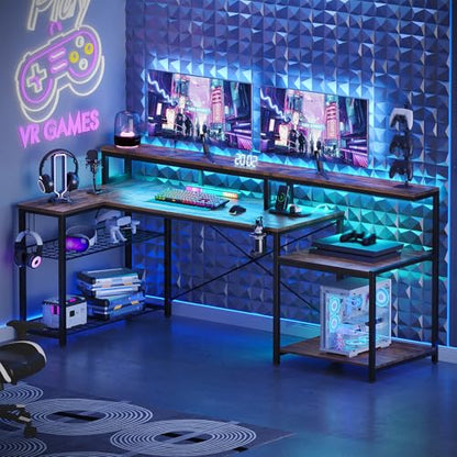 Bestier 71.5 inch Computer Desk with Power Outlets, L Shaped LED Home Office Desk with Long Monitor Stand, Large Corner Desk with Storage Shelf, Cup Holder & Headset Hooks, Modern Simple Table | Printer Shelf, Adjustable Metal Grid, Adjustable Monitor Sta