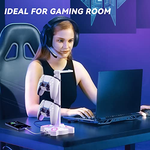 KDD Gaming Headphones Stand, Rotatable Headset Stand with Light Modes - Controller Holder with 2 USB Charging Ports and 3.5mm - Earphone Hanger Accessories for Desktop Gamer(White) - color: White
