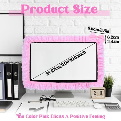 23''-27'' Pink Monitor Cover Lace, Cute Computer Monitor Decor with Bow, Adjustable Monitors Frame, Monitors Cover Cute for Women