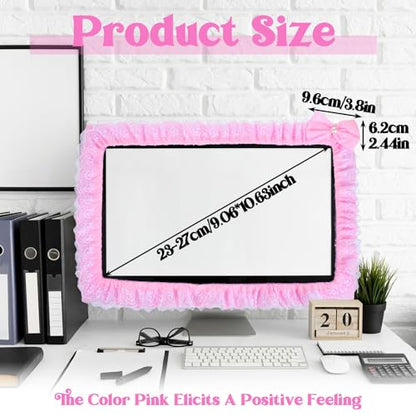 23''-27'' Pink Monitor Cover Lace, Cute Computer Monitor Decor with Bow, Adjustable Monitors Frame, Monitors Cover Cute for Women