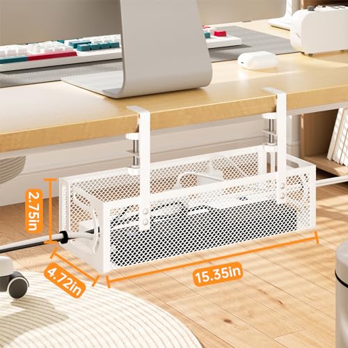 Under Desk Cable Management Tray, 15.7'' No Drill Steel Desk Cable Organizers, Wire Management Tray Cable Management Rack (2 Packs-White) - color: 2 Packs-15.7"-White