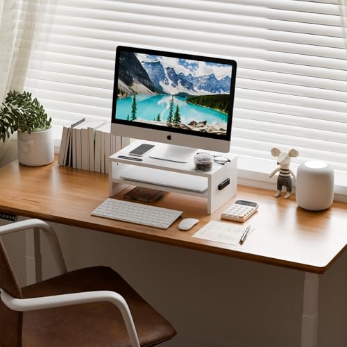 Marbrasse Monitor Stand Riser, 16.5 Inch 2 Tier Computer Printer Shelf Stand for Laptop Computer Screen Storage, Desktop Stand with Phone Holder and Cable Management (White) - color: White