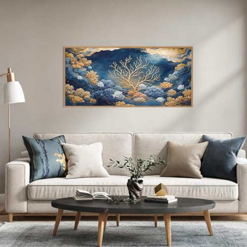 HPNIUB Blue Dreamy Underwater Framed Canvas Wall Art 40"x20" | Modern Gold Coral Seascape Decoration Abstract Navy Ocean Marine Fish Artwork Living Room Bedroom Farmhouse Office - color: Blue Underwater Wall Art, size: 40"L x 20"W