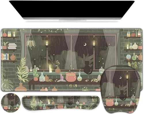 Aesthetics Large Mouse Pad with Wrist Support 4 in1 Set, XXL Big Game Mousepad + Keyboard Wrist Rest + Mouse Wrist Rest Pad +Coaster Gaming Mat for Home Office Computer I Green Plants and Black Cat - color: Green Plants Black Cat